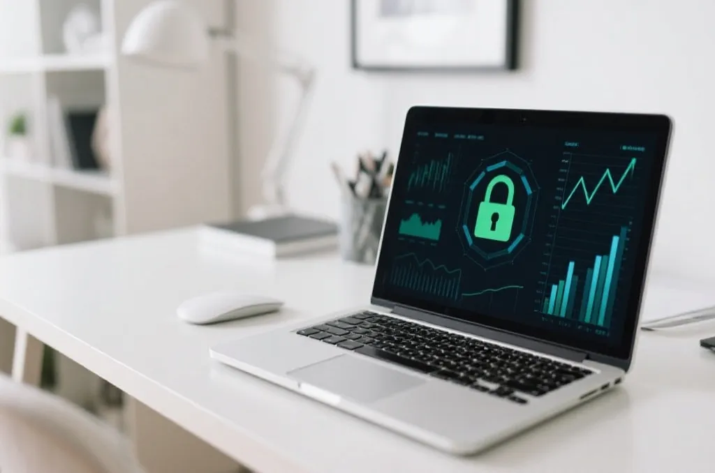 Clean workspace with laptop showing secure financial charts and locking icon representing safe environment