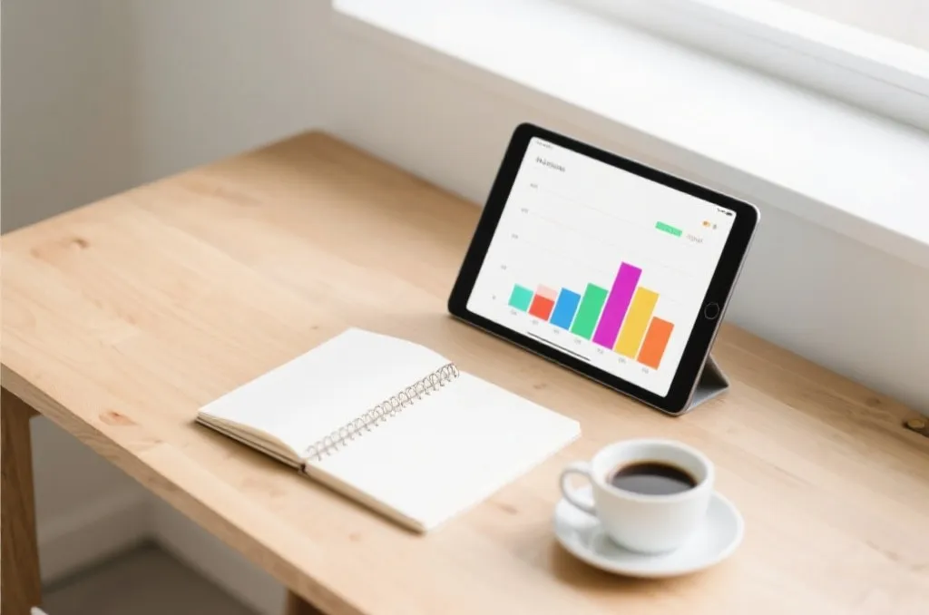 A minimalist desk with a tablet displaying abstract data charts and a notebook with clean planning notes